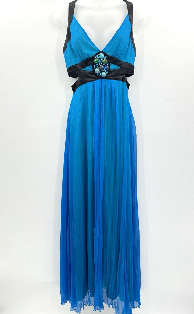 Bebe VTG Y2K 100% Silk Chiffon Beaded Gown Sz S Blue Cut Outs Goddess Boho HOCO